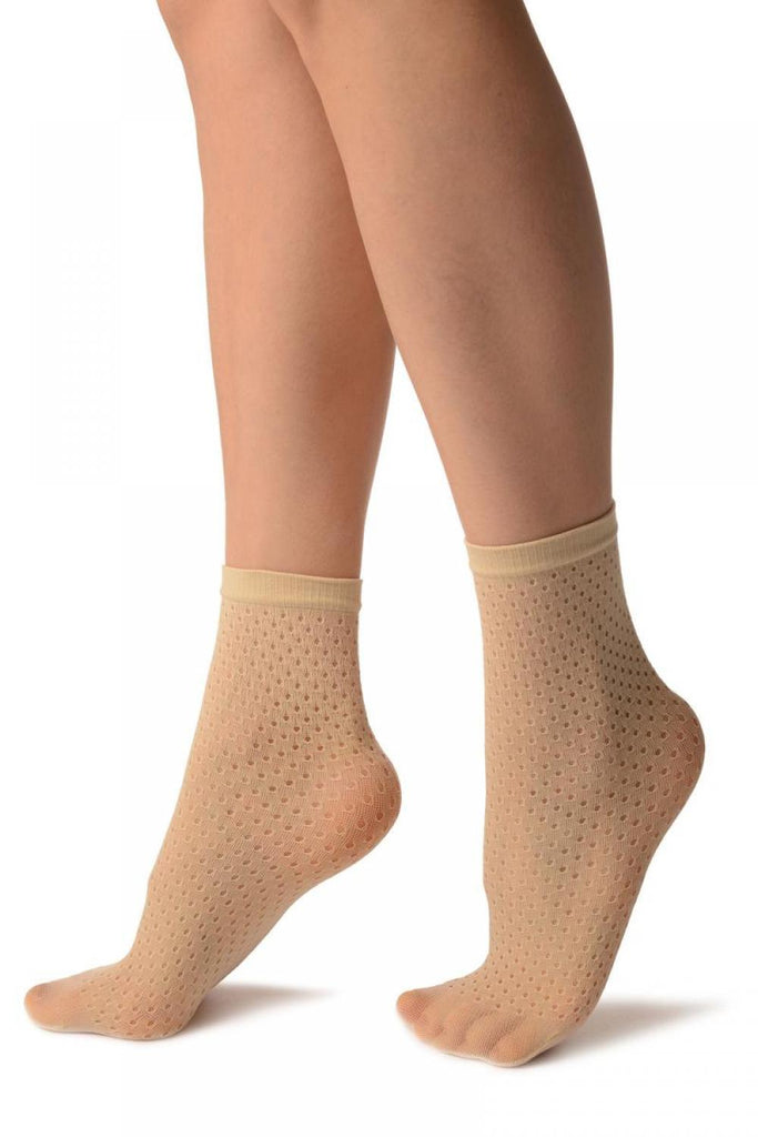 Liss Kiss Cream Crochet Polka Dots Lace Top Ankle High Socks - Socks