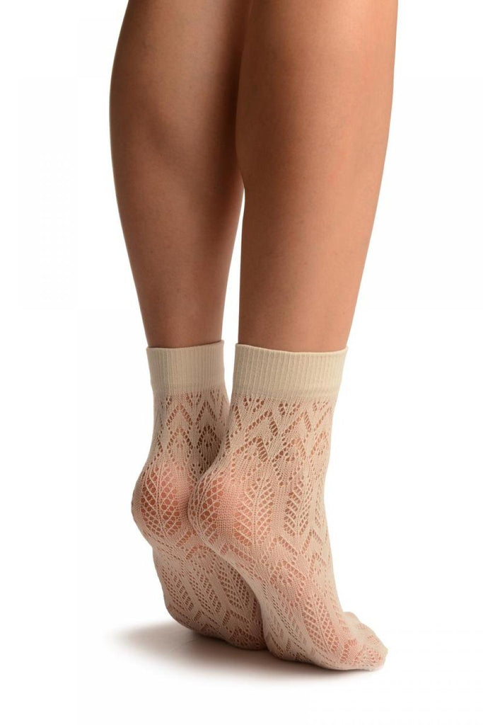 Liss Kiss Cream Crochet Rhombs Lace Ankle High Socks - Socks
