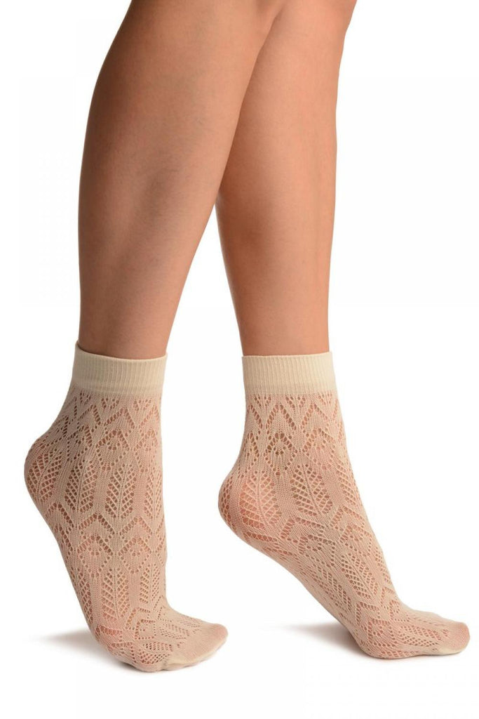 liss kiss Cream Crochet Rhombs Lace Ankle High Socks - Socks