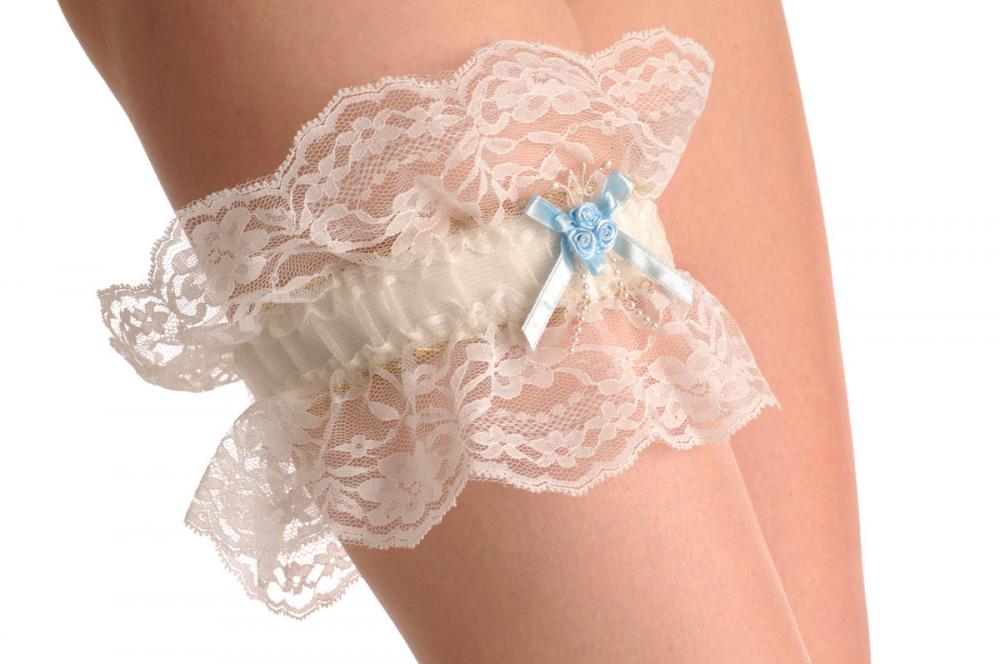 liss kiss Cream Double Lace Garter With Gold Trim Blue Roses & Faux Pearls - Garter