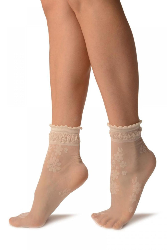 Liss Kiss Cream Flowers Bouquet Ankle High Socks With Comfort Top - Socks