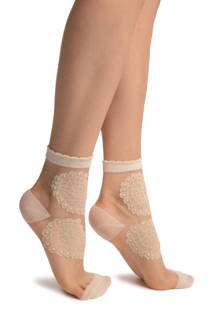 Liss Kiss Cream Hearts On Invisible Mesh Ankle High Socks - Socks