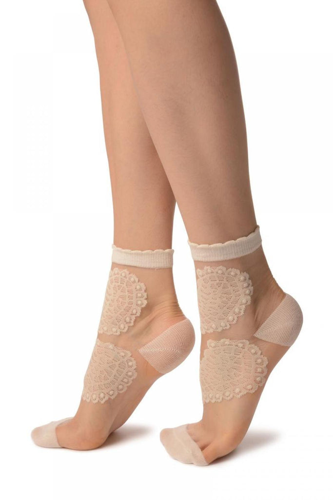 Liss Kiss Cream Hearts On Invisible Mesh Ankle High Socks - Socks