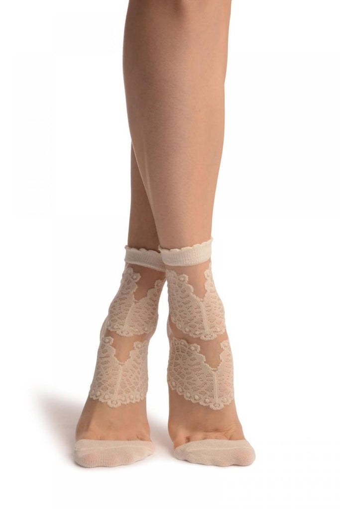 liss kiss Cream Hearts On Invisible Mesh Ankle High Socks - Socks