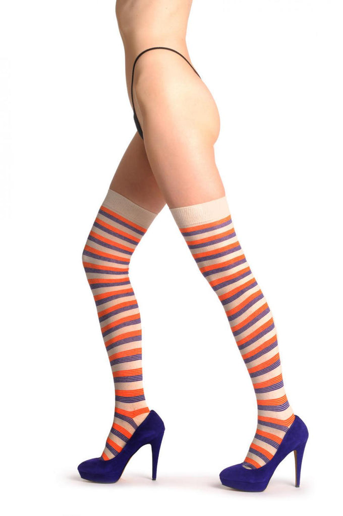 Liss Kiss Cream Orange & Purple Thin Stripes - Over The Knee Socks