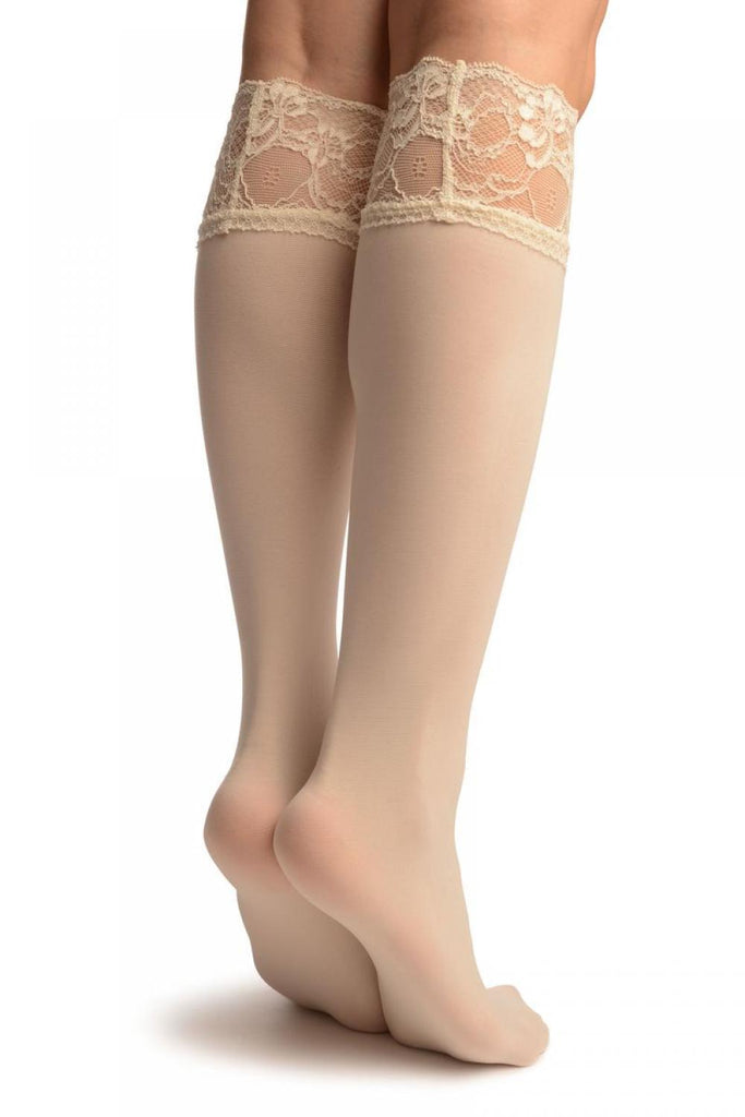 Liss Kiss Cream Pain With Floral Silicon Lace Socks Knee High - Socks