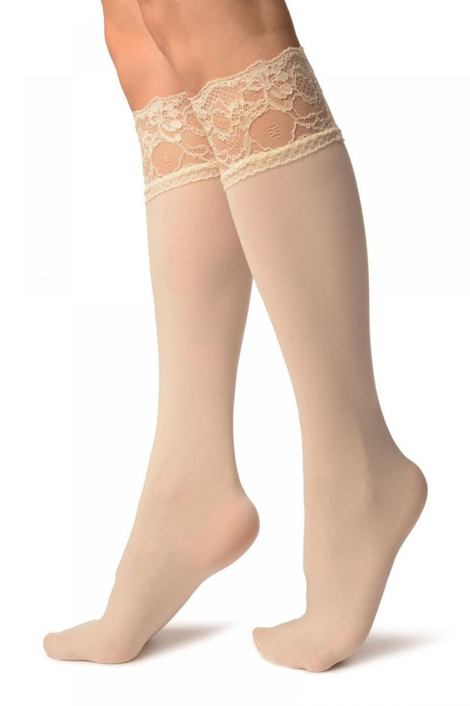 Liss Kiss Cream Pain With Floral Silicon Lace Socks Knee High - Socks