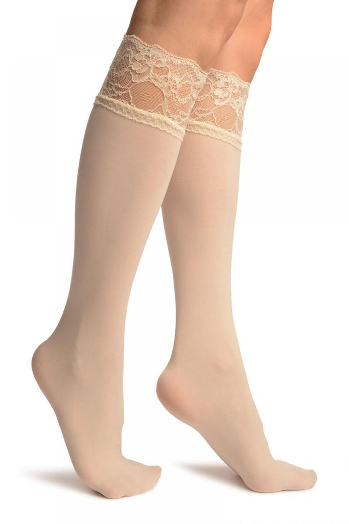 liss kiss Cream Pain With Floral Silicon Lace Socks Knee High - Socks