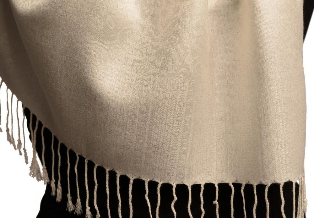 Liss Kiss Cream Paisleys Pashmina Feel With Tassels - Scarf