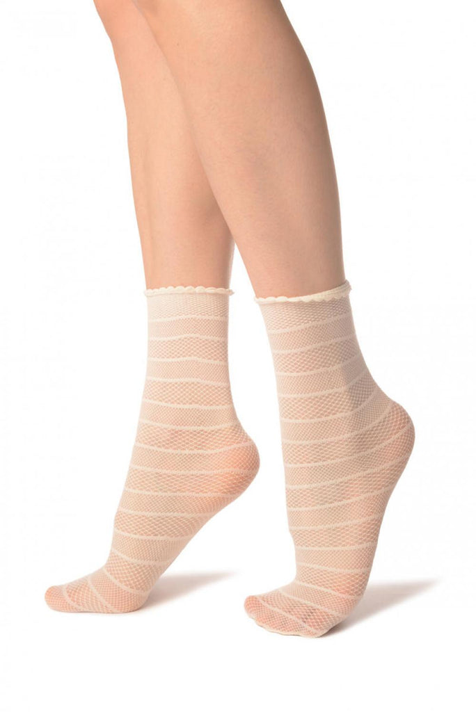 Liss Kiss Cream Textured Stripes Ankle High Socks - Socks