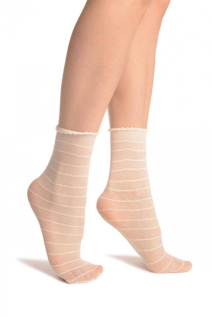 Liss Kiss Cream Textured Stripes Ankle High Socks - Socks