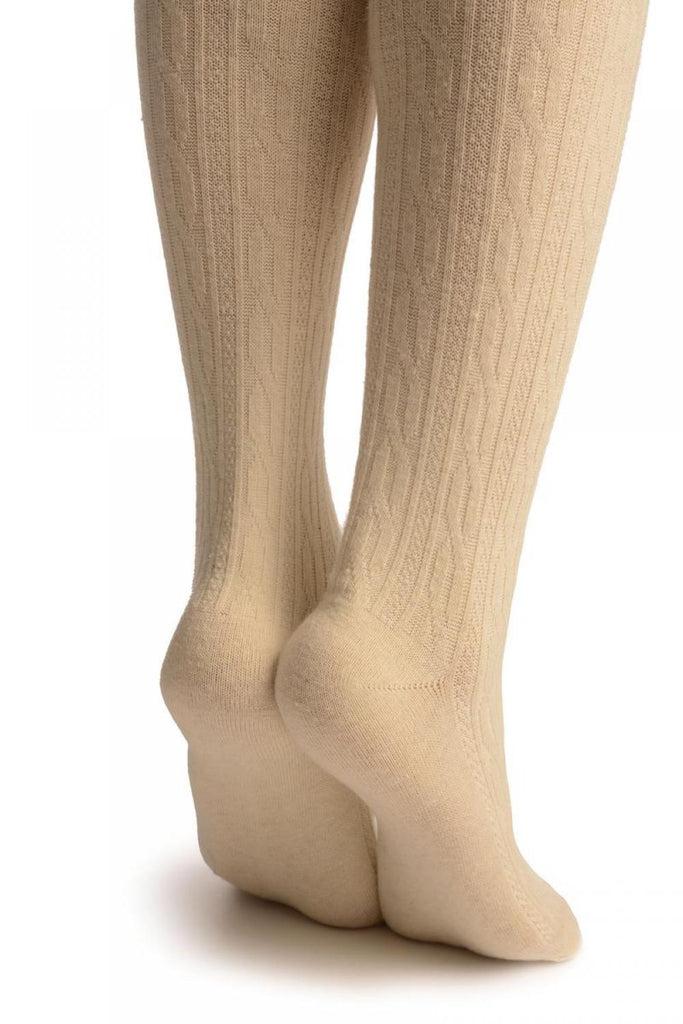 Liss Kiss Cream Twist Cable Knit Merino Wool Blend - Over The Knee Socks