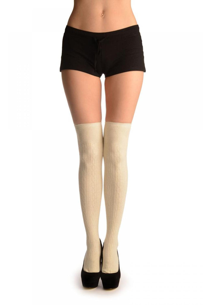 Liss Kiss Cream Twist Cable Knit Merino Wool Blend - Over The Knee Socks
