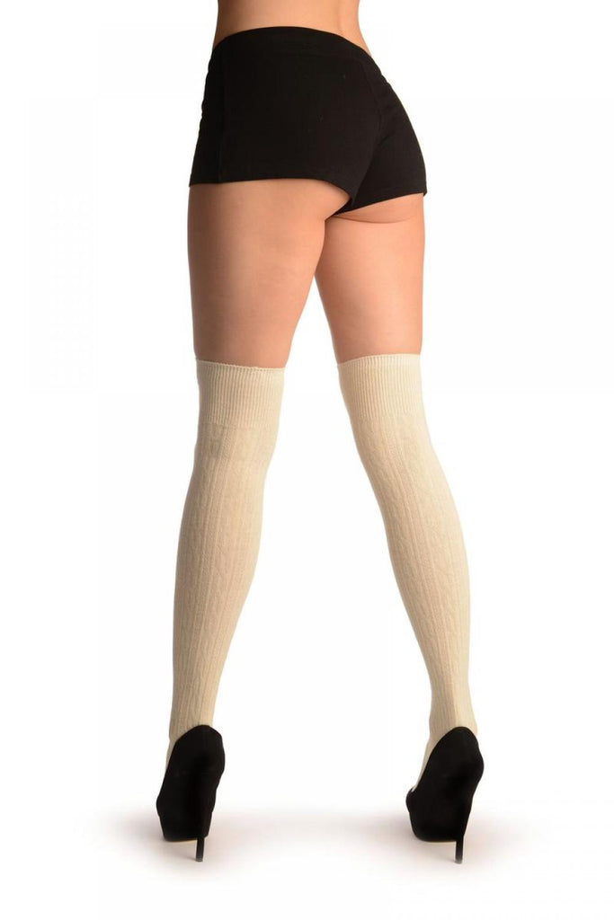 Liss Kiss Cream Twist Cable Knit Merino Wool Blend - Over The Knee Socks