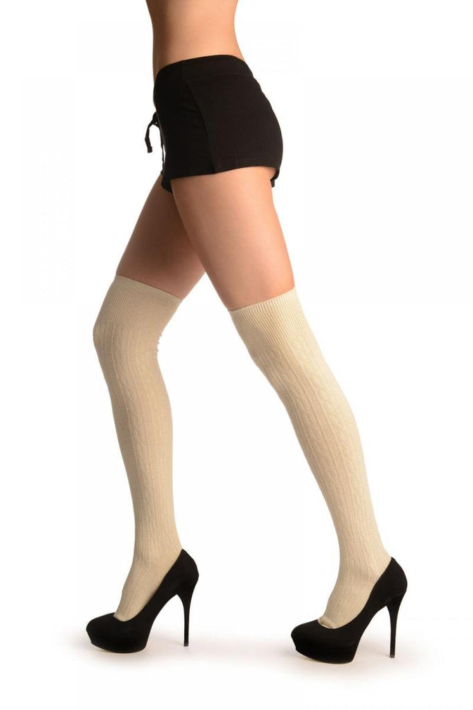 Liss Kiss Cream Twist Cable Knit Merino Wool Blend - Over The Knee Socks
