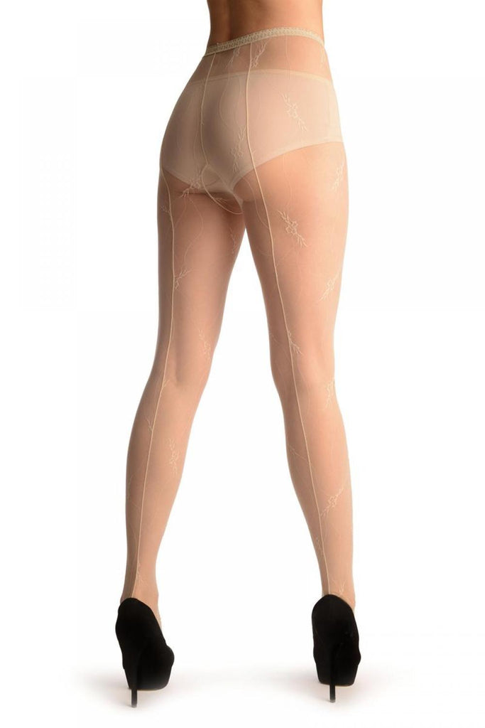 Liss Kiss Cream Vintage Lace With Small Flowers & Seam (Petite) - Tights
