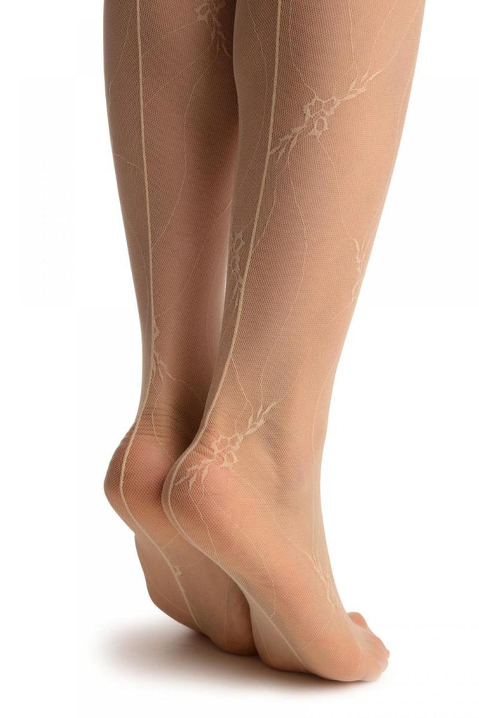 Liss Kiss Cream Vintage Lace With Small Flowers & Seam (Petite) - Tights