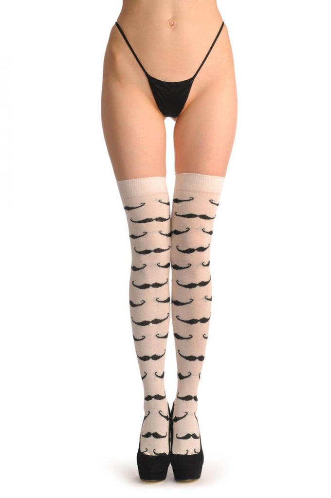 liss kiss Cream With Black Moustaches - Over The Knee Socks