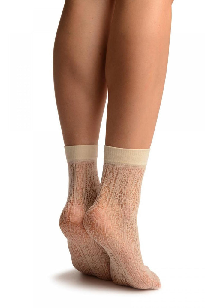 Liss Kiss Cream With Crochet Stripes Lace Ankle High Socks - Socks