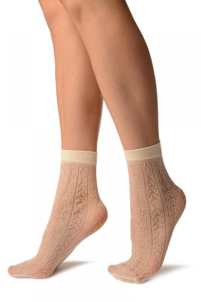 Liss Kiss Cream With Crochet Stripes Lace Ankle High Socks - Socks