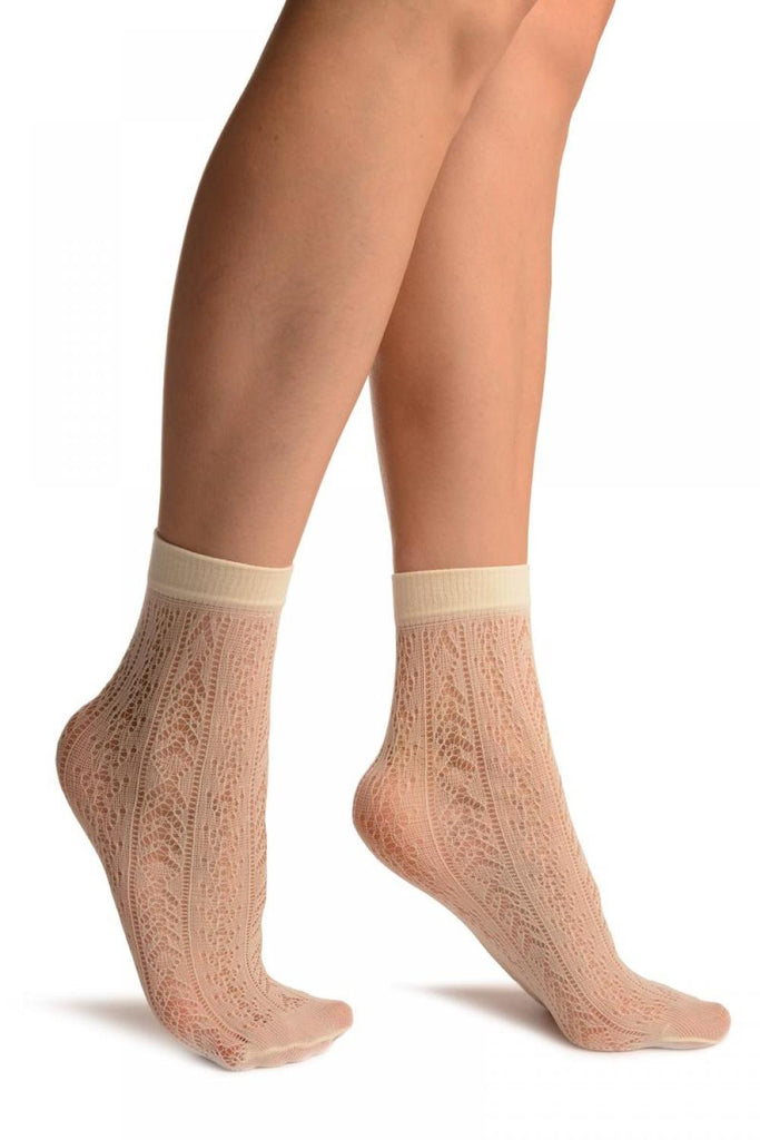 liss kiss Cream With Crochet Stripes Lace Ankle High Socks - Socks