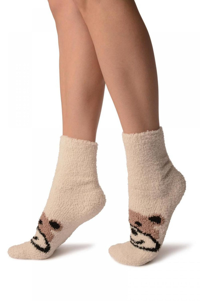 Liss Kiss Cream With Cute Bear Terry Ankle High Socks - Socks