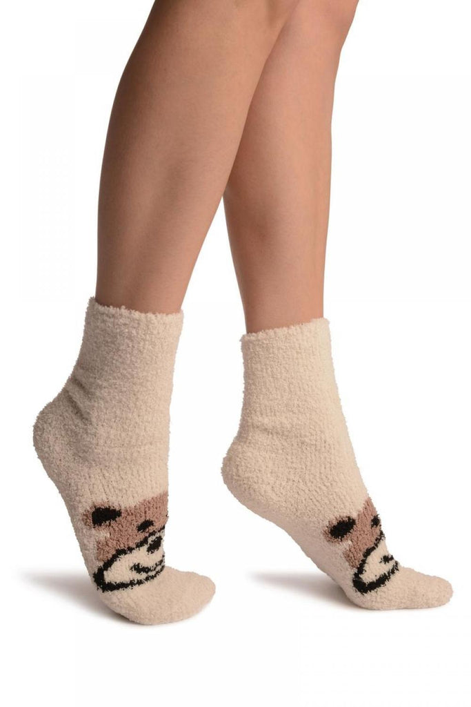 Liss Kiss Cream With Cute Bear Terry Ankle High Socks - Socks