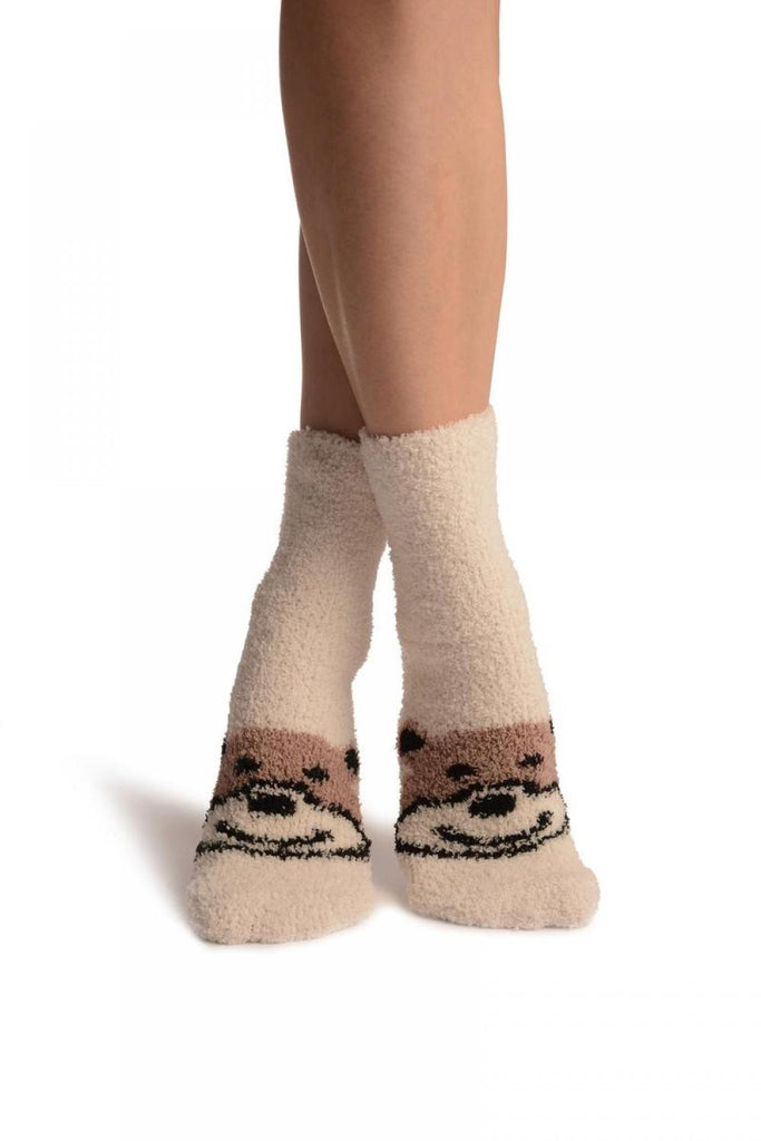 liss kiss Cream With Cute Bear Terry Ankle High Socks - Socks