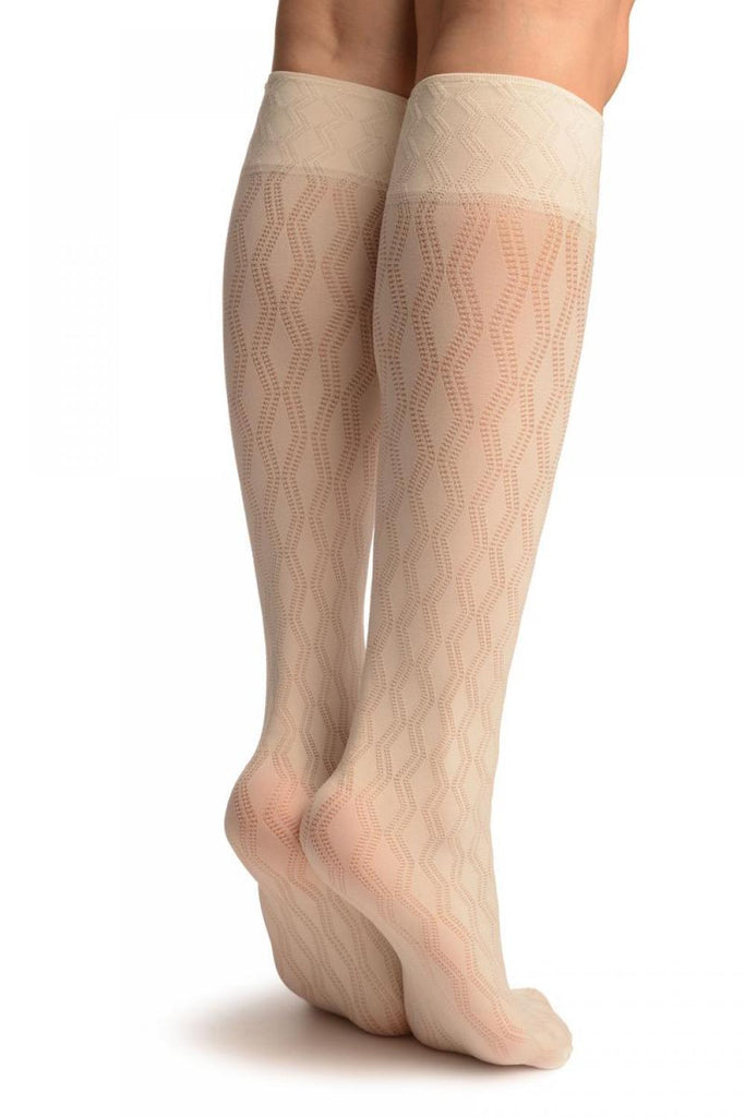 Liss Kiss Cream With Double Rhomb Socks Knee High - Socks