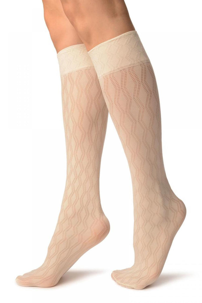 Liss Kiss Cream With Double Rhomb Socks Knee High - Socks