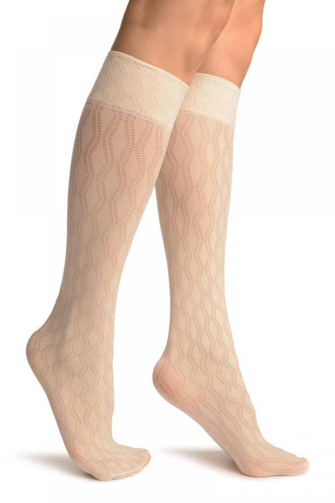 liss kiss Cream With Double Rhomb Socks Knee High - Socks