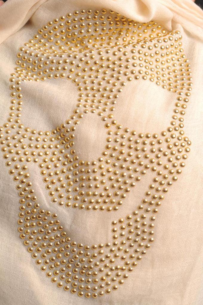 Liss Kiss Cream With Large Gold Studded Skull Unisex Scarf & Beach Sarong - Scarf