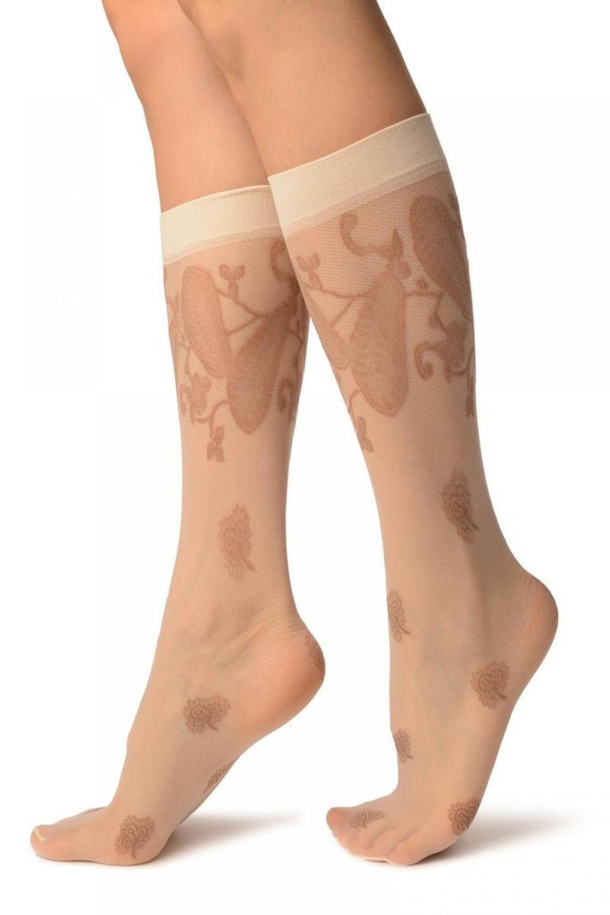 Liss Kiss Cream With Large Paisley & Clover Socks Knee High - Socks