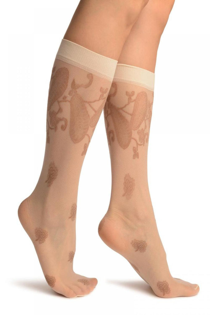 liss kiss Cream With Large Paisley & Clover Socks Knee High - Socks