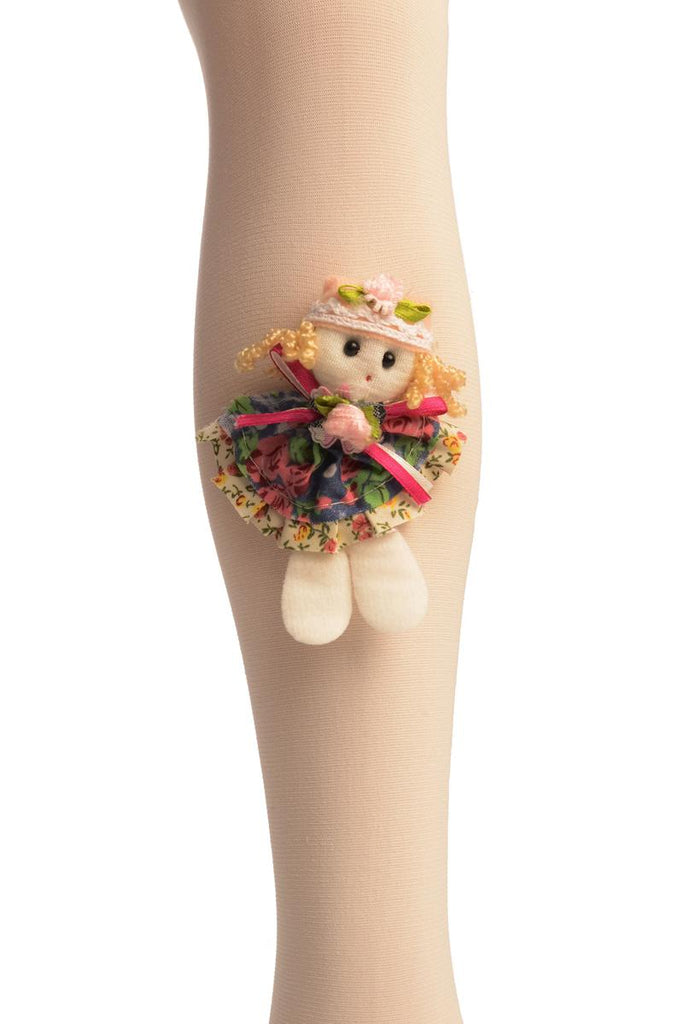 Liss Kiss Cream With Little Doll Applique - Girls Tights - Kids Tights