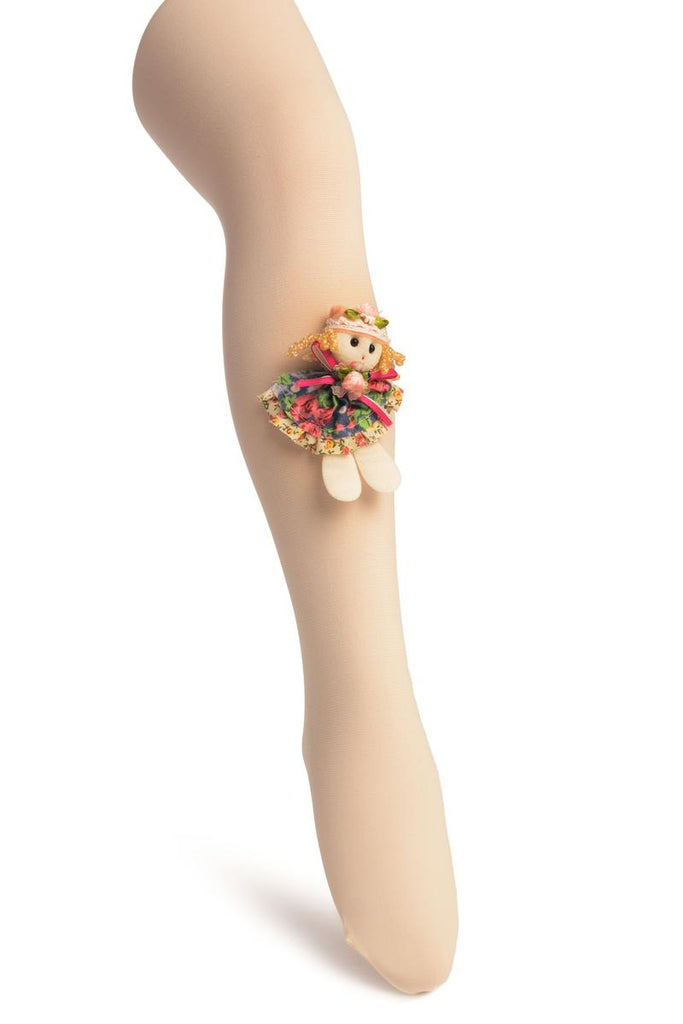 Liss Kiss Cream With Little Doll Applique - Girls Tights - Kids Tights