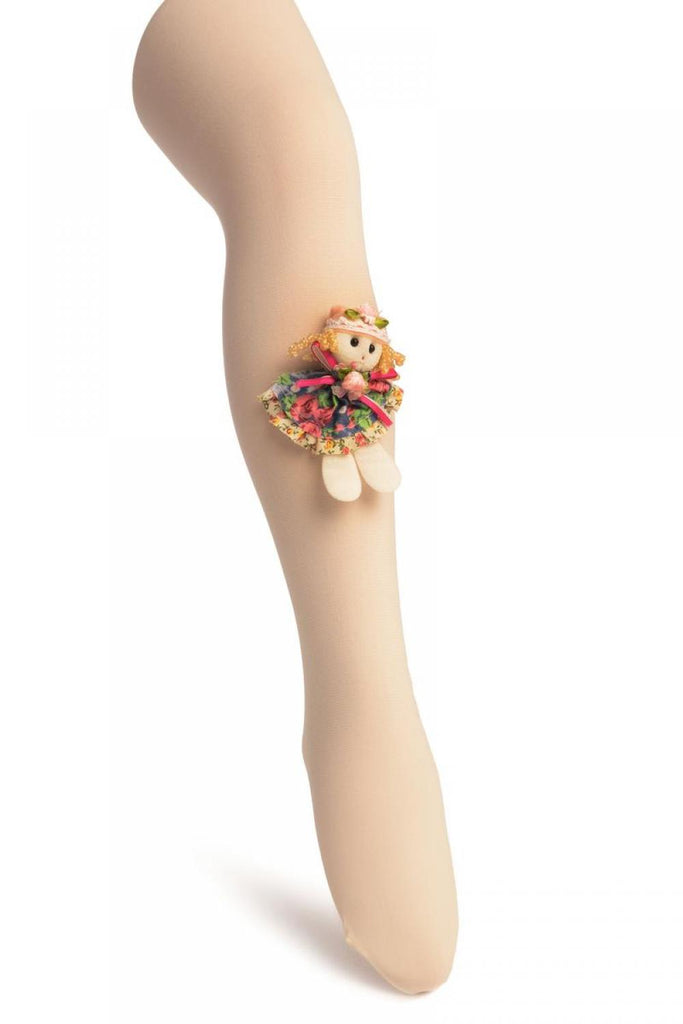 liss kiss Cream With Little Doll Applique - Girls Tights - Kids Tights