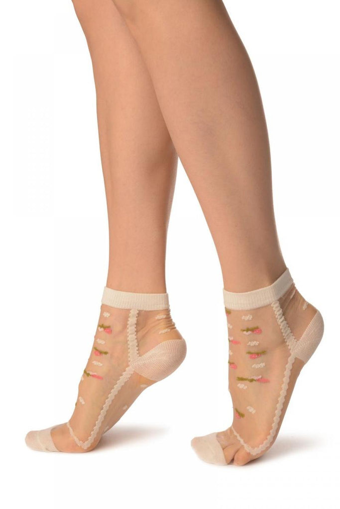 Liss Kiss Cream With Little Woven Flowers On Invisible Mesh Ankle High Socks - Socks