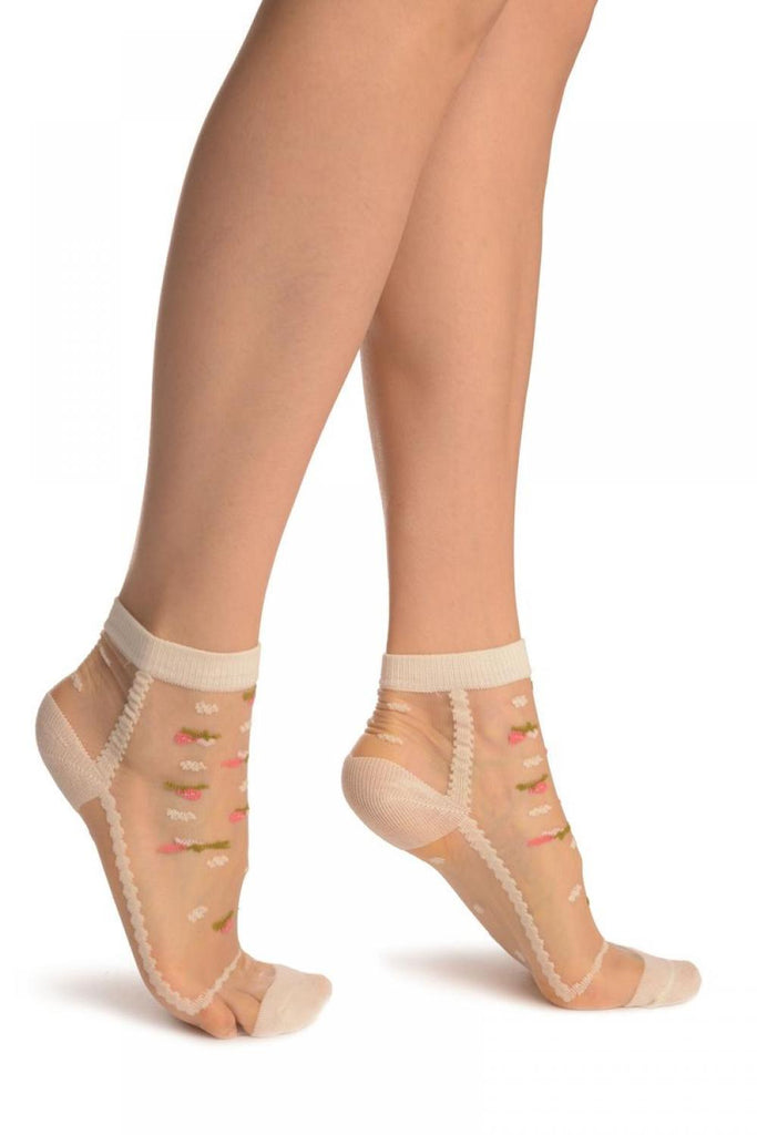 Liss Kiss Cream With Little Woven Flowers On Invisible Mesh Ankle High Socks - Socks