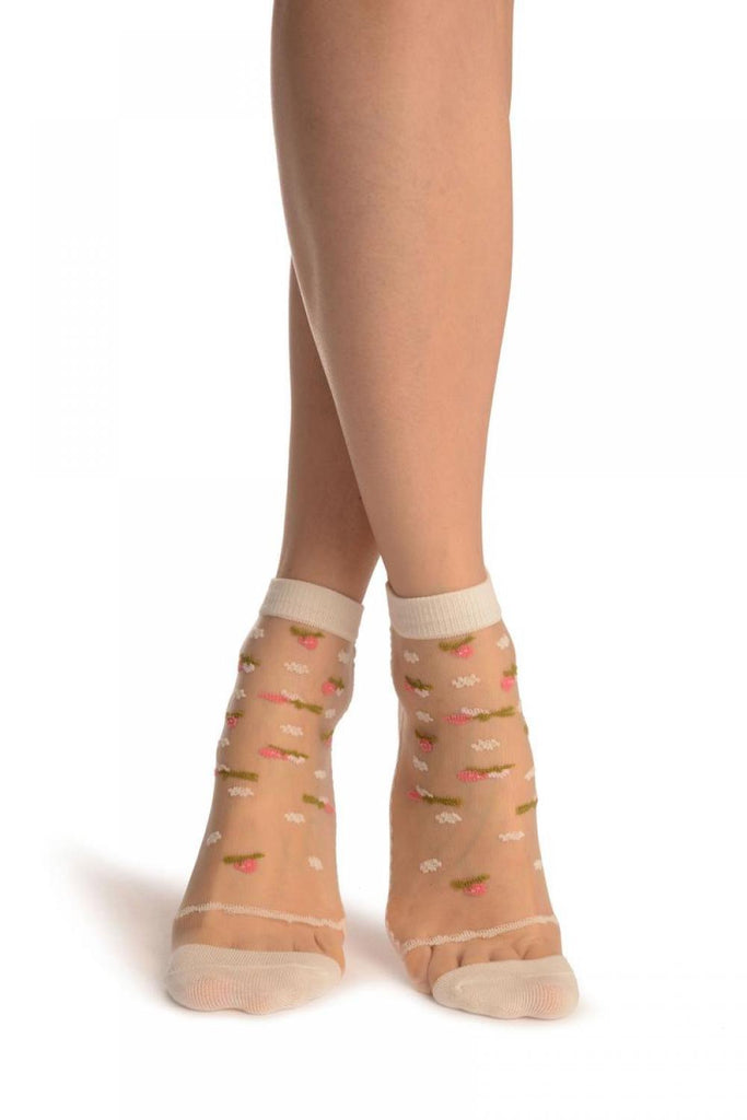 liss kiss Cream With Little Woven Flowers On Invisible Mesh Ankle High Socks - Socks