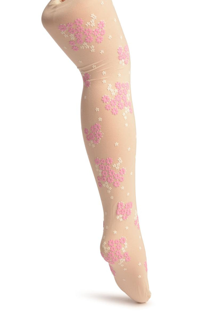 Liss Kiss Cream With Rubberized Pink & White Daisies - Girls Tights - Kids Tights