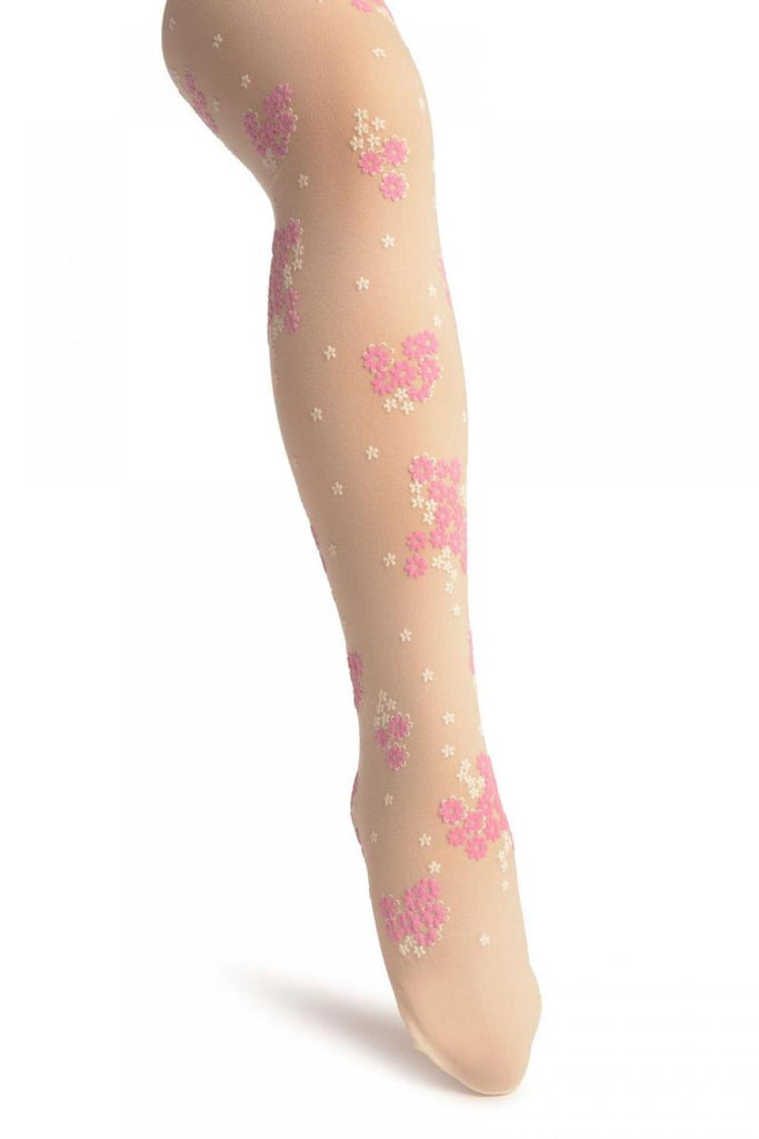 liss kiss Cream With Rubberized Pink & White Daisies - Girls Tights - Kids Tights
