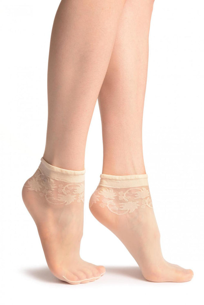 Liss Kiss Cream With Wine Leaves Socks Ankle High - Socks