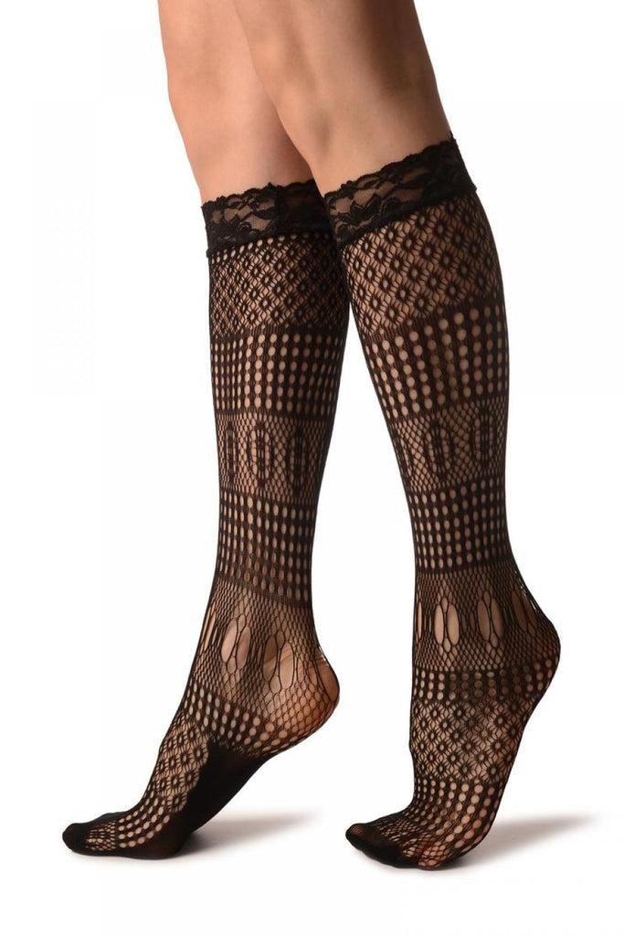 Liss Kiss Crochet Lace Stripes Mix Black Lace Knee High Socks - Socks