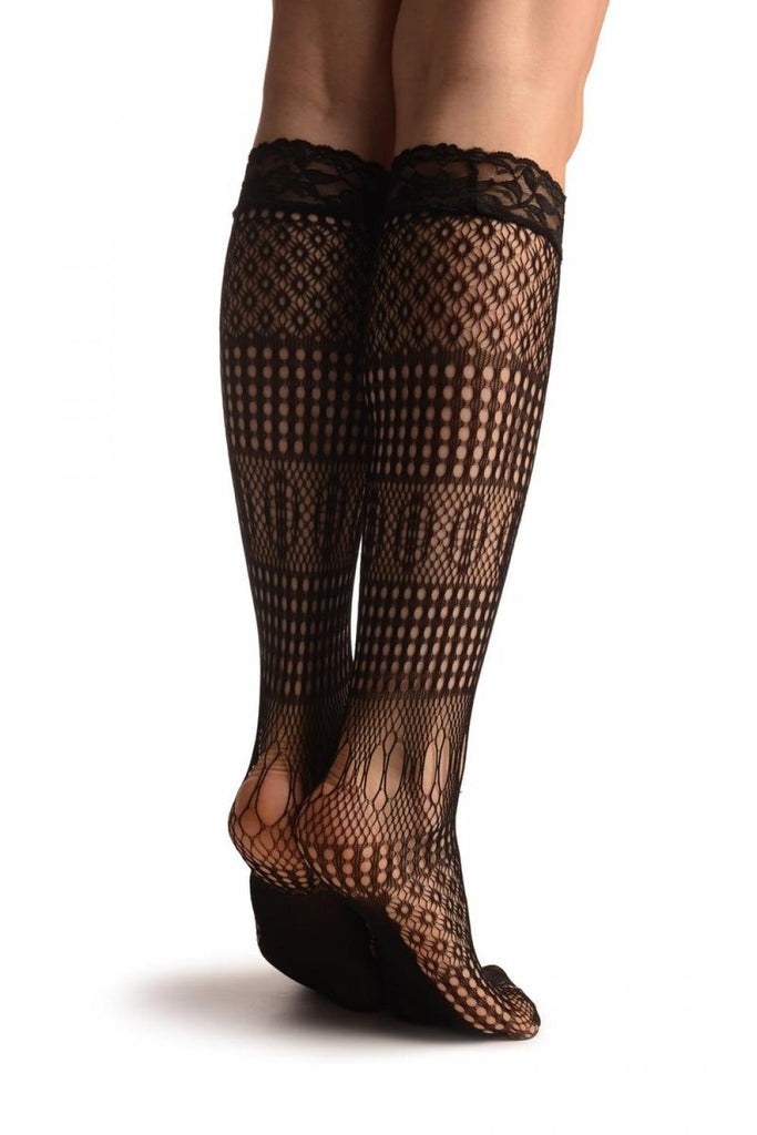 Liss Kiss Crochet Lace Stripes Mix Black Lace Knee High Socks - Socks