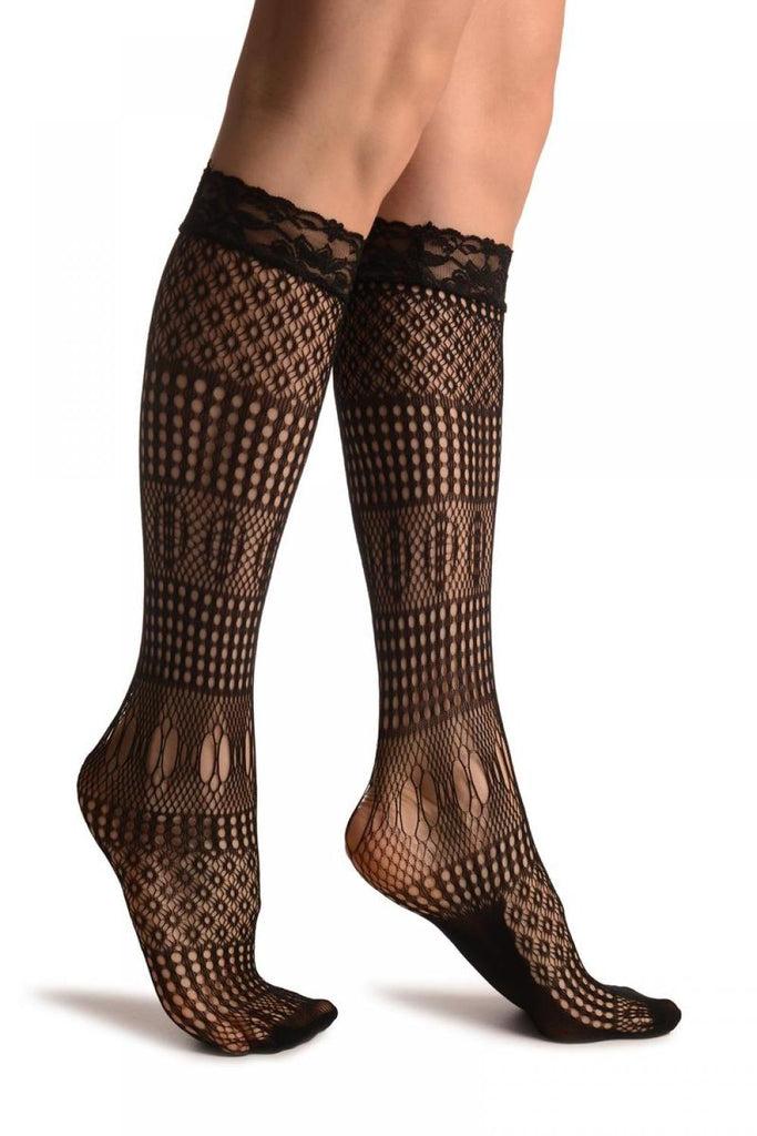 liss kiss Crochet Lace Stripes Mix Black Lace Knee High Socks - Socks