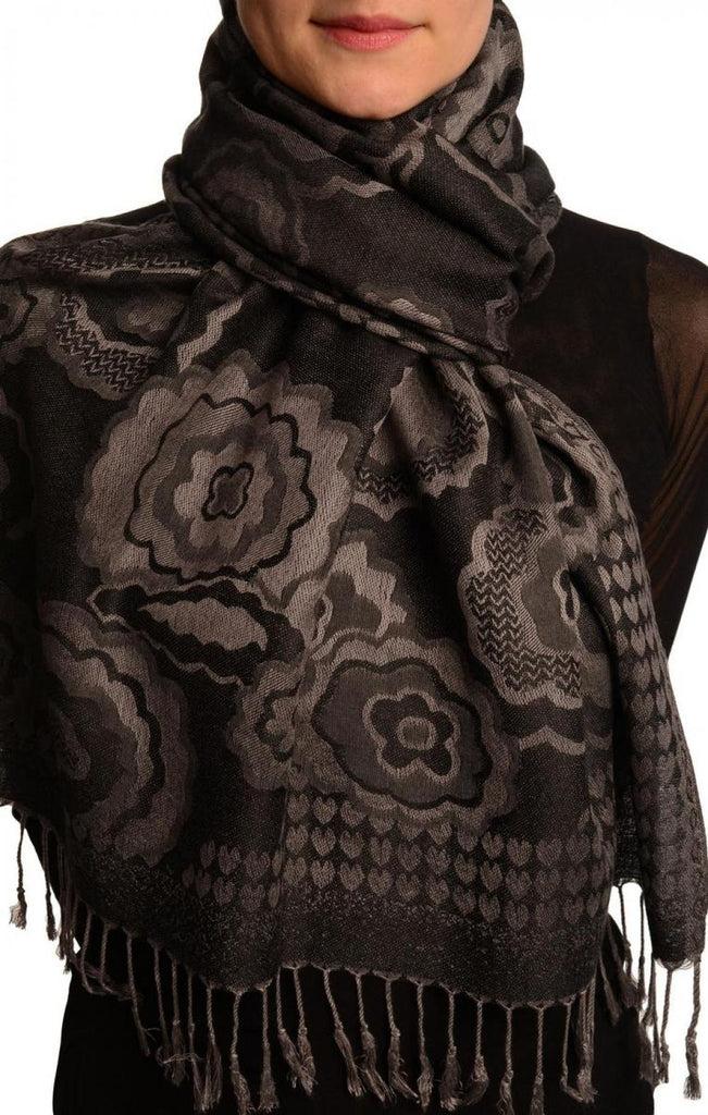 Liss Kiss Daisies On Black Pashmina Feel With Tassels - Scarf