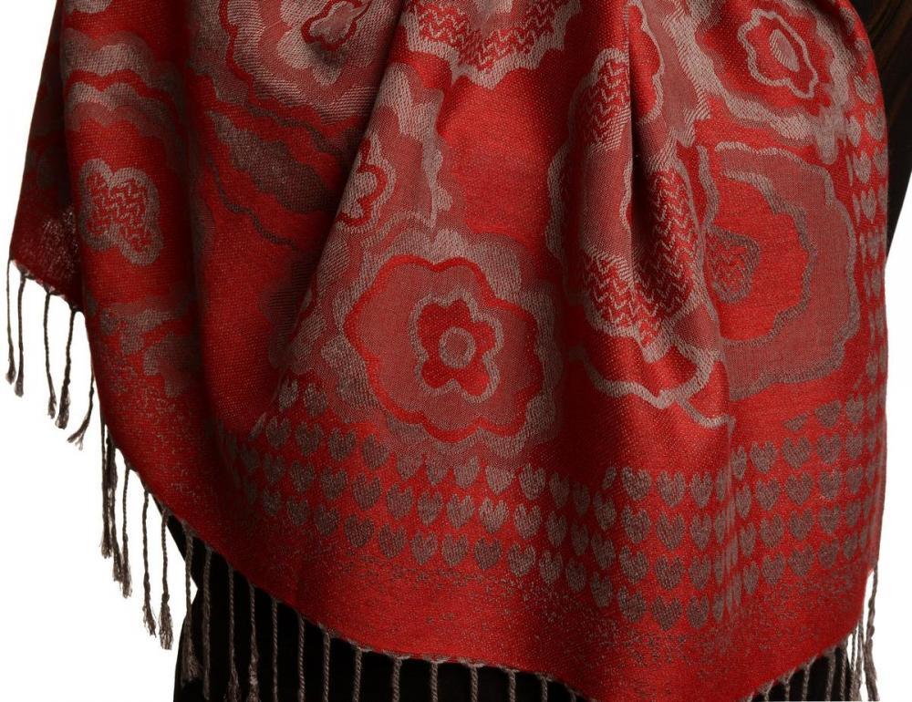Liss Kiss Daisies On Burgundy Red Pashmina Feel With Tassels - Scarf