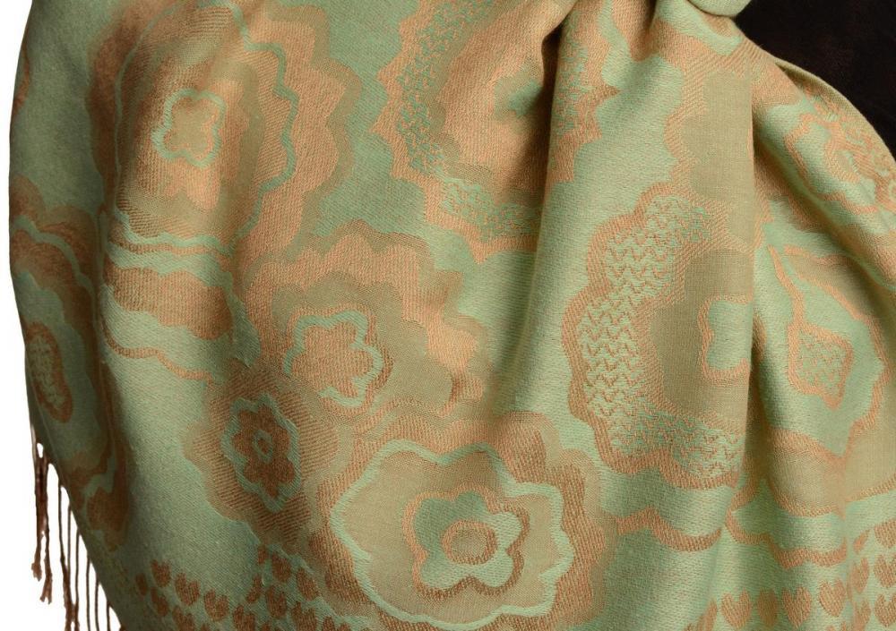 Liss Kiss Daisies On Moss Green Pashmina Feel With Tassels - Scarf