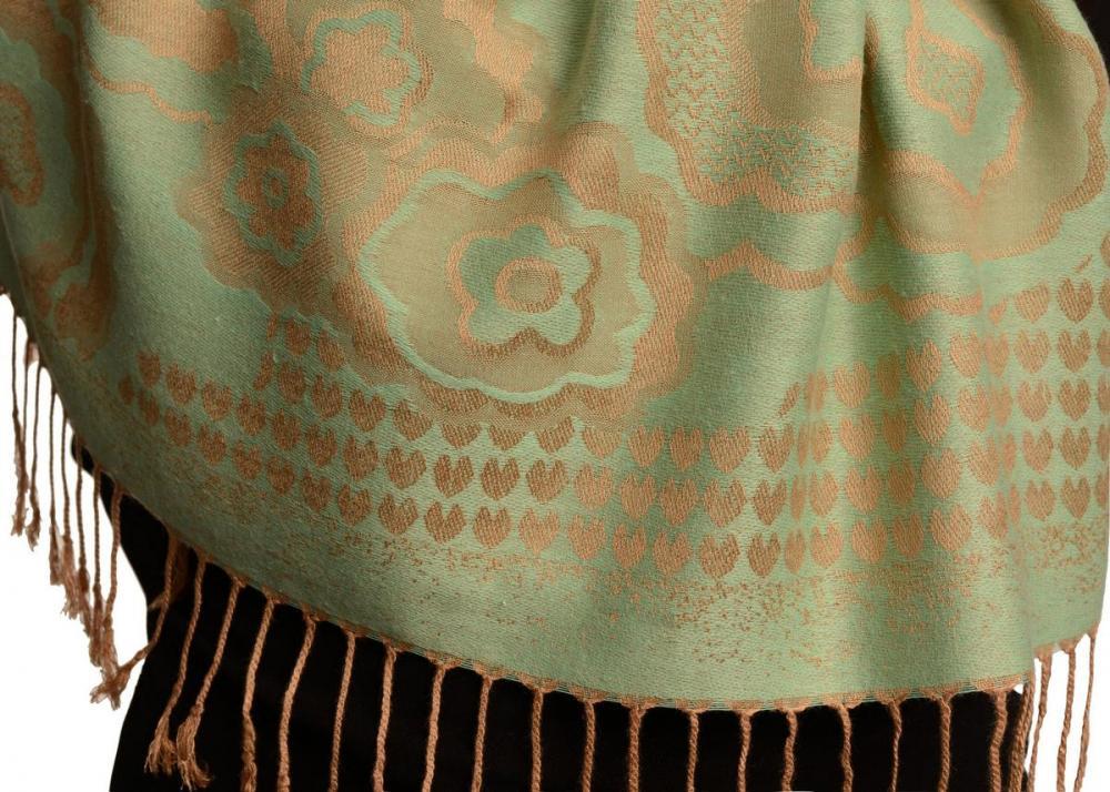 Liss Kiss Daisies On Moss Green Pashmina Feel With Tassels - Scarf